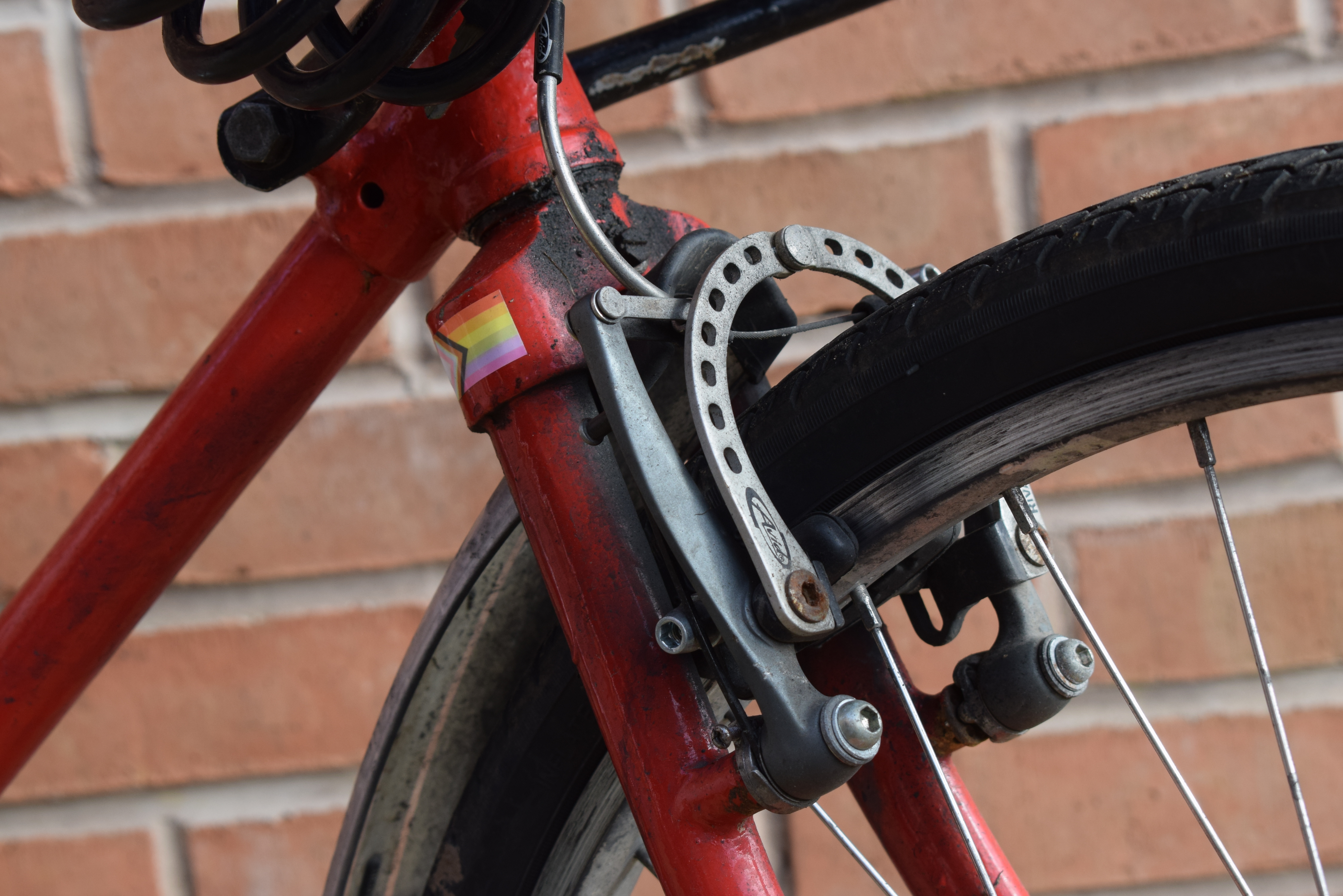 A close up of the front brake of the bike. There's a lot of grime around the frame, a small progress pride flag on the fork crown (drive side), and you can see a lock hanging from the rack above