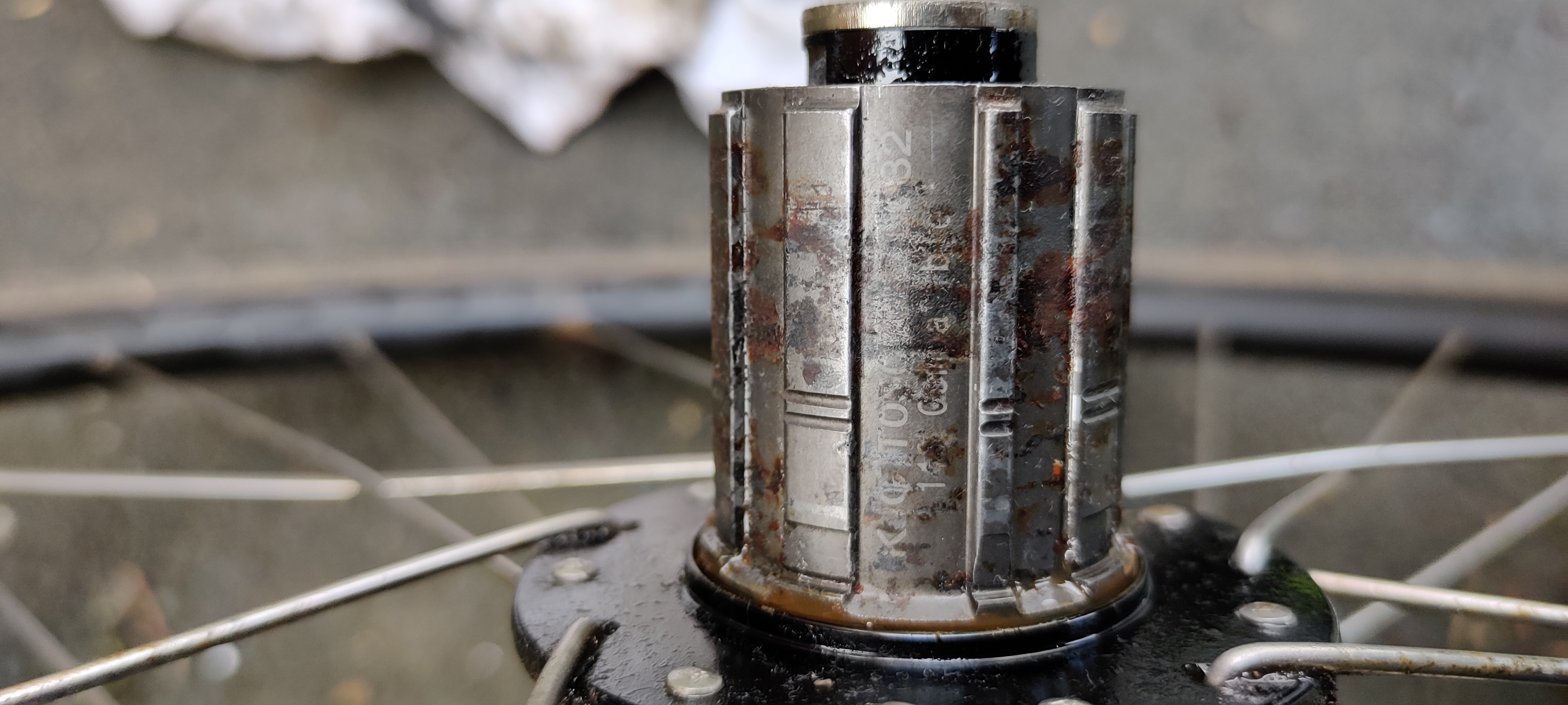 Image of a black freehub of a bike wheel that you can barely make out the serial number on