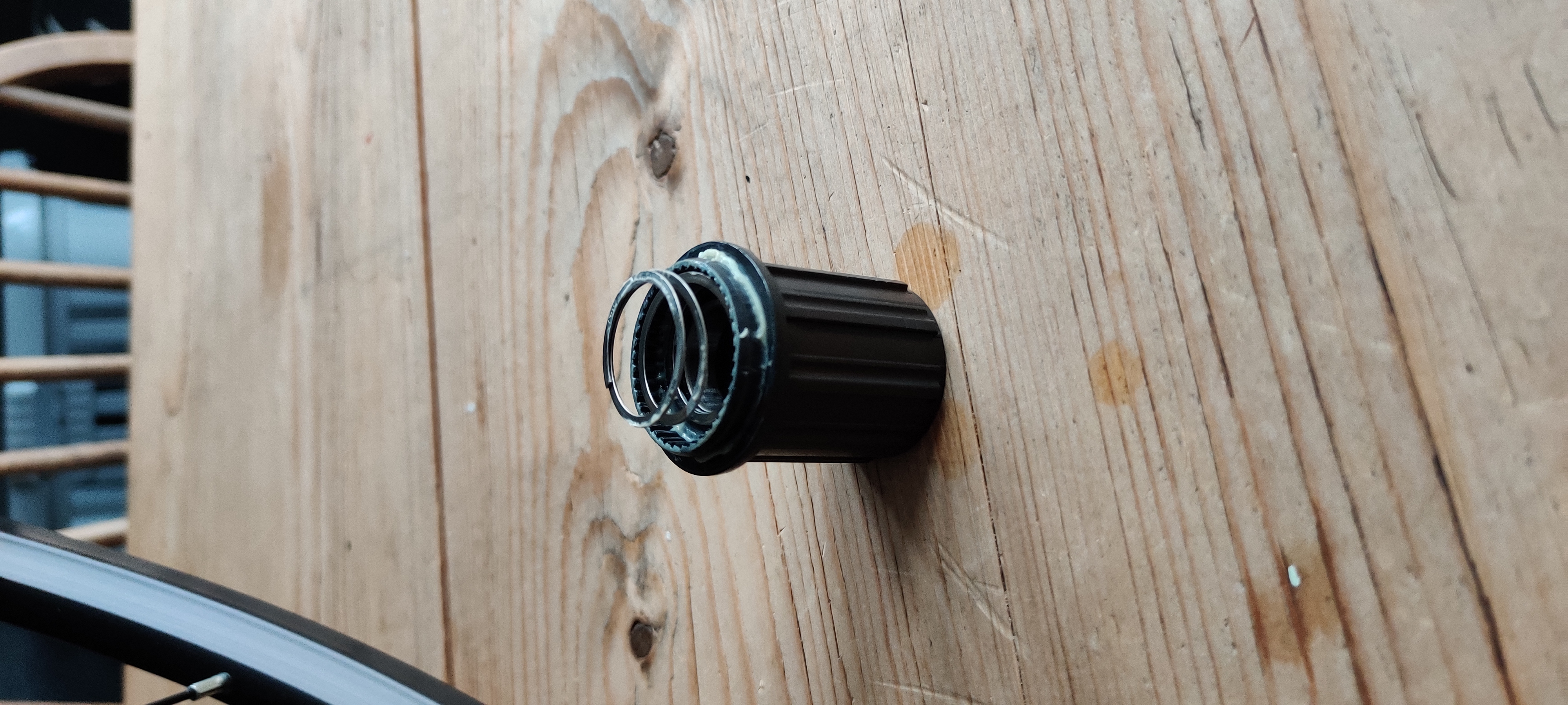 A close up of the freehub off the wheel, the spring is popped out and the teeth of the freehub are showing