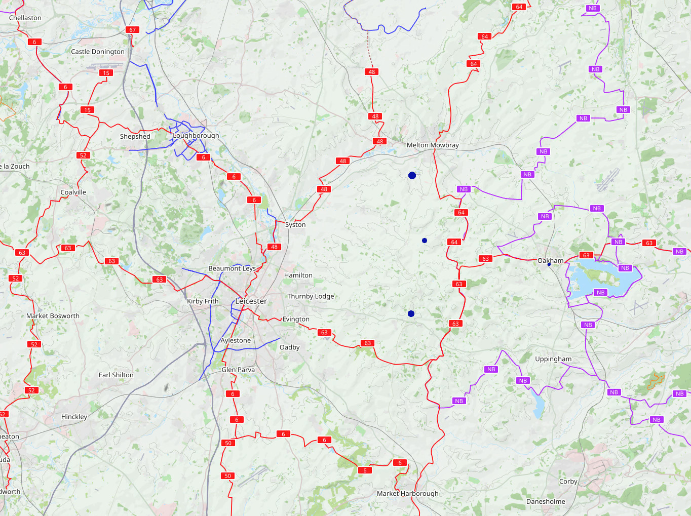 A map of a section of Leicestershire with dots in the places of cafes I've been to (very rough)