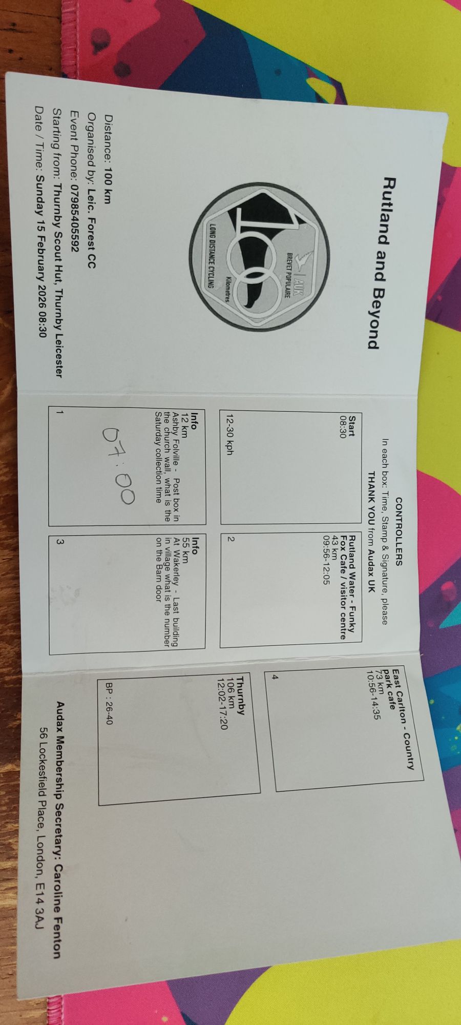 The Brevet card for the event Rutland and Beyond. It has the boxes for stamps and info controls where only the 12km info at Ashby Foalville is written in